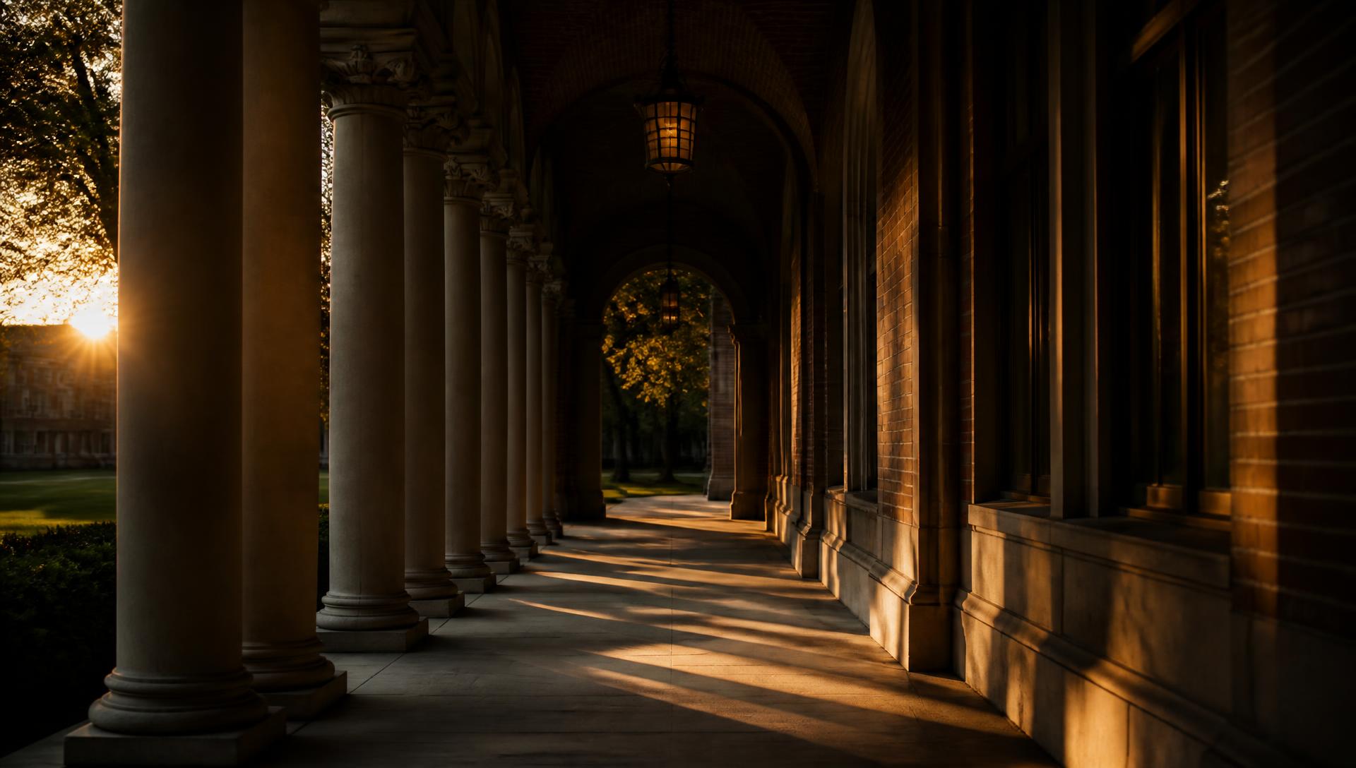 University colonnade at golden hour