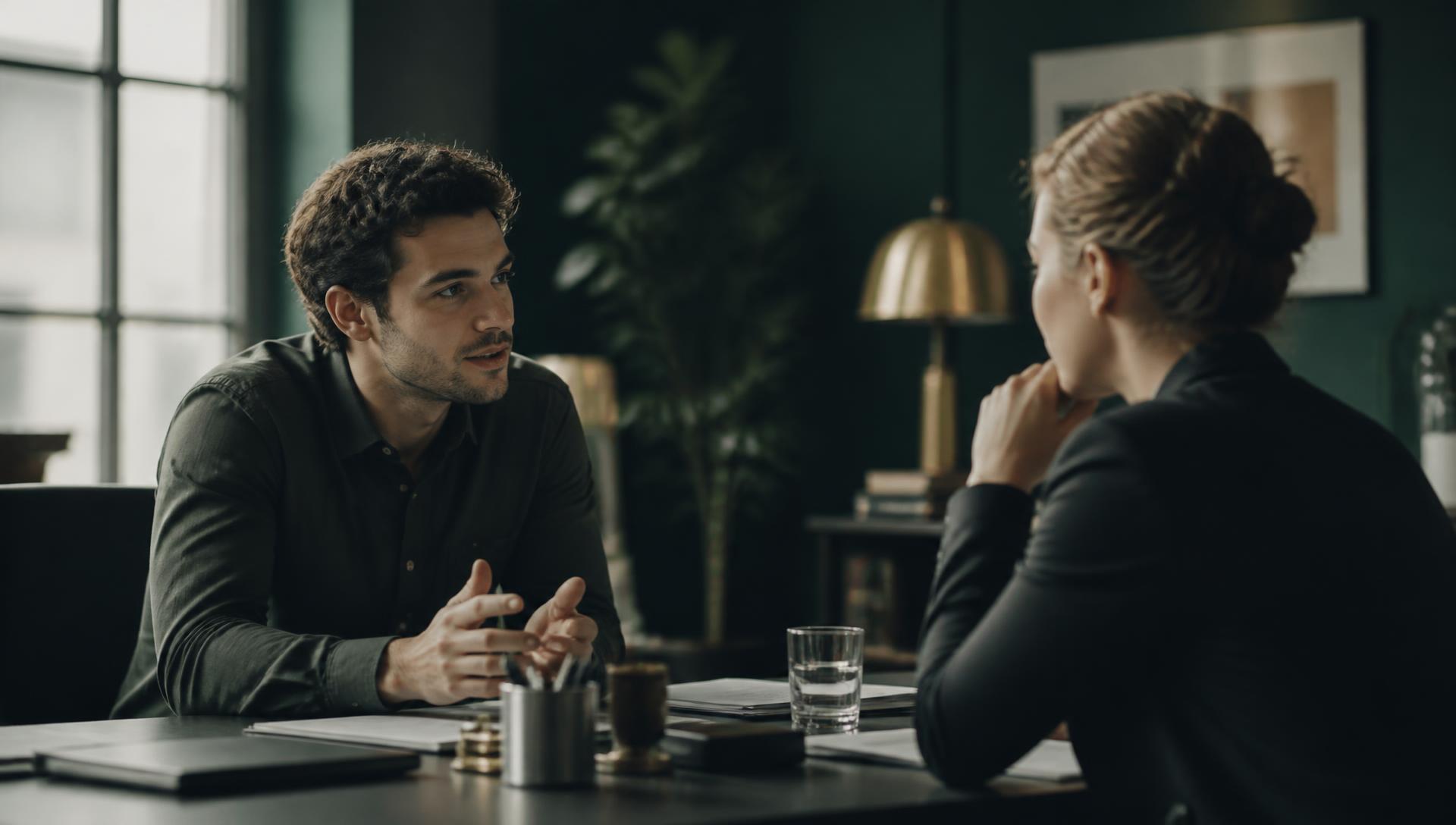 Two professionals in conversation across an office table
